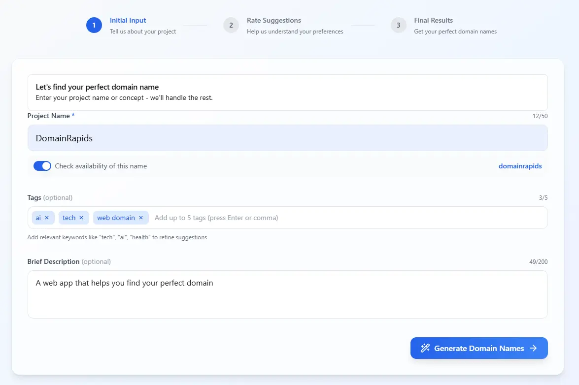 Briefing interface with project inputs